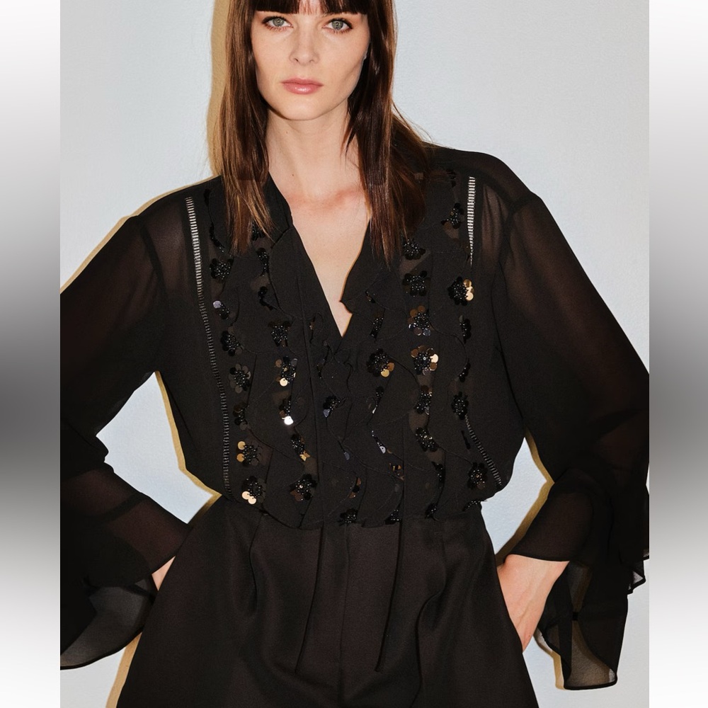 H&M Black Sheer Blouse with Sequin Details